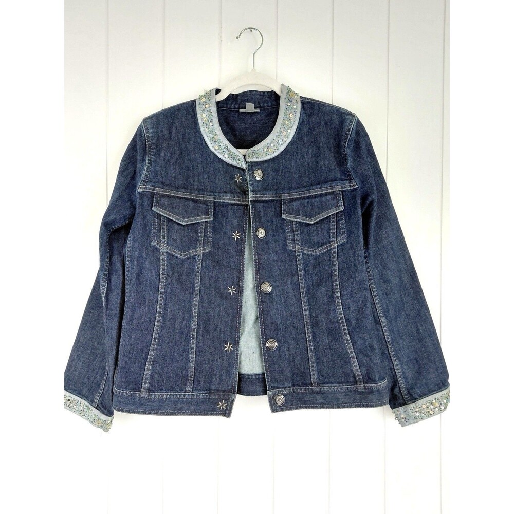 J. Jill Embellished Trim Denim Jacket Stretchy Comfy Dark Wash Size Small